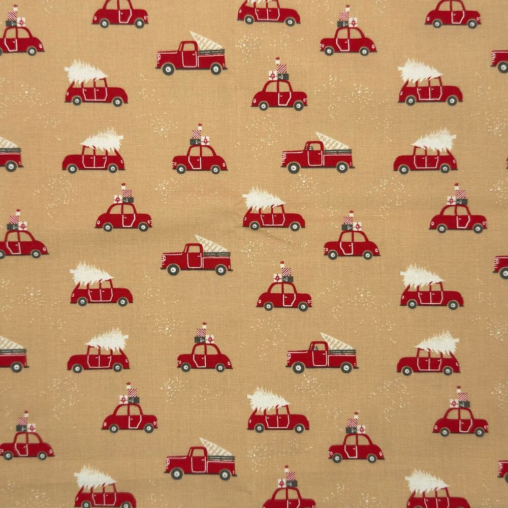 Christmas Red Cars & Trucks with Presents & Trees Cotton Fabric- Remanent 5/8 YD